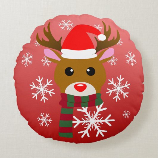 赤い鼻のトナカイの白いクリスマスルドルフ ラウンドクッション (正面)