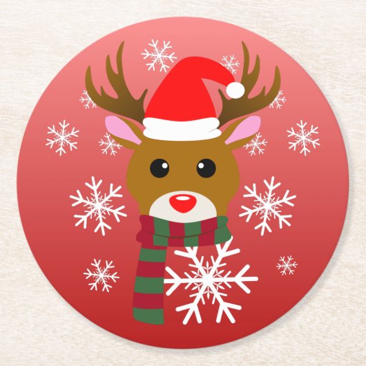 赤い鼻のトナカイの白いクリスマスルドルフ ラウンドペーパーコースター (正面)