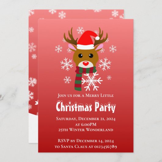 赤い鼻のトナカイの白いクリスマスルドルフ 招待状 (正面/裏面)
