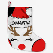 赤い鼻のトナカイ(サンタの帽子付き)名前 小さなクリ スモールクリスマスストッキング (正面)