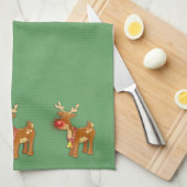 赤い鼻トナカイのクリスマスグリーン キッチンタオル (四つ折り)