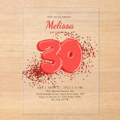 赤い30thバルーン紙吹雪大人誕生日 アクリル招待状 (正面)