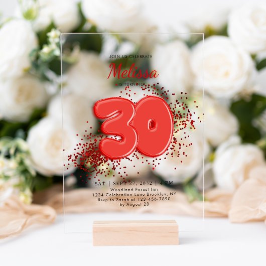 赤い30thバルーン紙吹雪大人誕生日 アクリル招待状