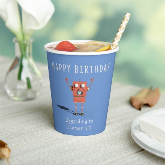 赤い3Dロボット子供の誕生日パーティー 紙コップ (インサイチュ)