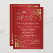 赤い50周年結婚記念日の写真に金の渦巻き模様 招待状 (正面/裏面)