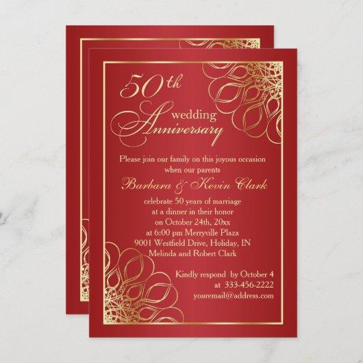 赤い50周年結婚記念日の写真に金の渦巻き模様 招待状 (正面/裏面)
