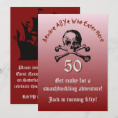 赤い50歳の誕生日ドクロと海賊船 招待状 (正面/裏面)