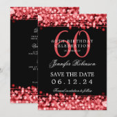 赤い60歳の誕生日「Save the Date」詳細付き 招待状 (正面/裏面)