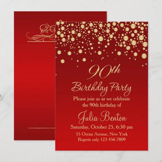 赤い90歳の誕生日招待状に金の紙吹雪 招待状 (正面/裏面)