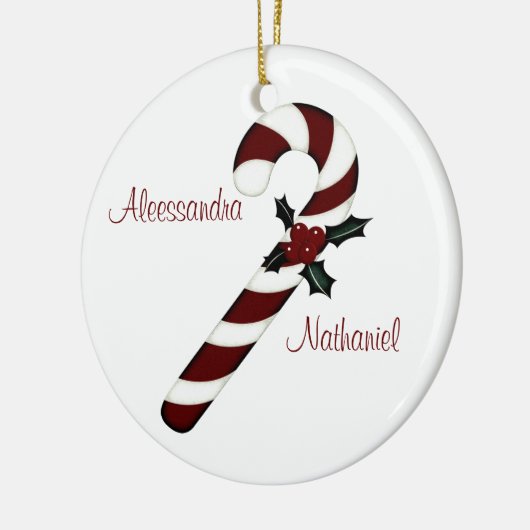 赤い"カップル初めてのクリスマス"の-か白いキャンディ・ケーン セラミックオーナメント (左)