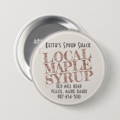 赤い「スタンプされた」地元のメープルシロップ事業名 缶バッジ (正面&裏面)