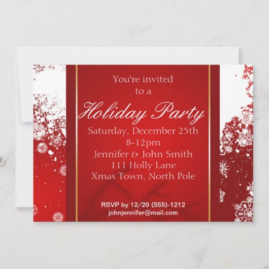 赤い、ホワイトゴールドの雪片の休日の冬のパーティー 招待状 (正面)
