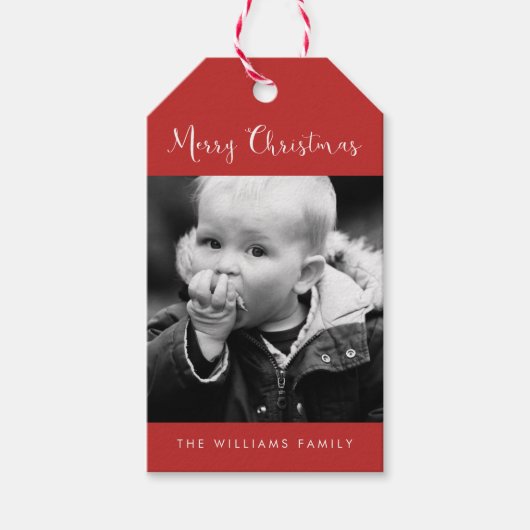 赤い「メリークリスマス」写真の休日 ギフトタグ (正面)