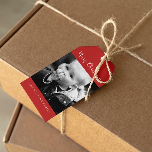 赤い「メリークリスマス」写真の休日 ギフトタグ