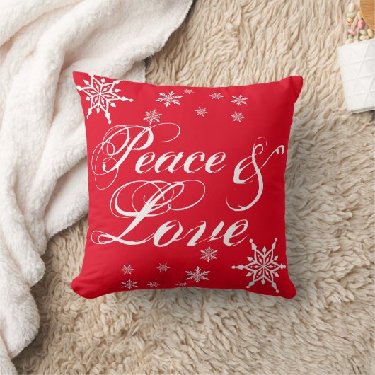 赤い「平和と愛」ホワイトスクリプト雪フレーク クッション (ブランケット)