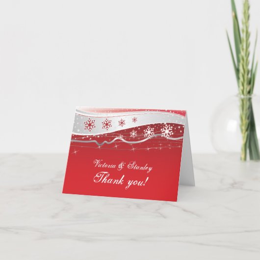 赤い、銀製灰色の冬の結婚式は感謝していしています サンキューカード (正面)