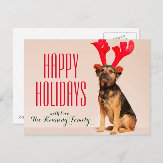 赤い(雄ジカの)枝角を身に着けている犬 シーズンポストカード (正面/裏面)
