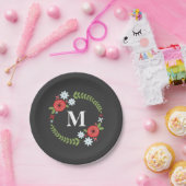 赤い + 青い花のリースのモノグラム ペーパープレート (パーティー)