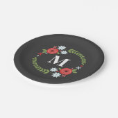 赤い + 青い花のリースのモノグラム ペーパープレート (アングル)