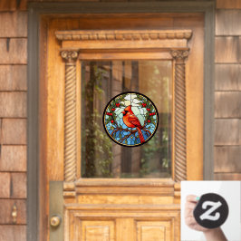 赤い（鳥）ショウジョウコウカンチョウが木のステンドグラスにフェイク止まっている ウィンドウサイン