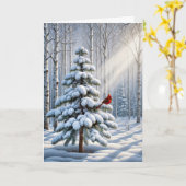 赤い（鳥）ショウジョウコウカンチョウが雪に覆われた松 カード (黄色い花)