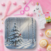 赤い(鳥)ショウジョウコウカンチョウが雪に覆われた松 ペーパープレート (パーティー)