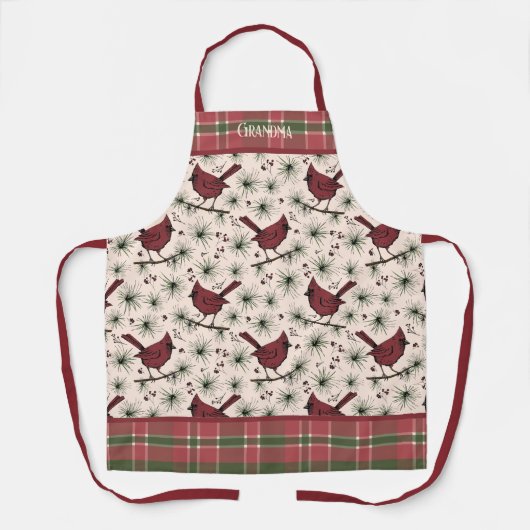 赤い(鳥)ショウジョウコウカンチョウと格子模様のクリスマス エプロン (正面)