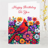 赤い(鳥)ショウジョウコウカンチョウと花パーソナライズされた誕生日 カード (黄色い花)