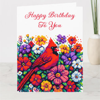 赤い(鳥)ショウジョウコウカンチョウと花パーソナライズされた誕生日 カード