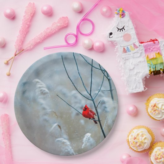 赤い（鳥）ショウジョウコウカンチョウの冬の自然写真クリスマス ペーパープレート (パーティー)