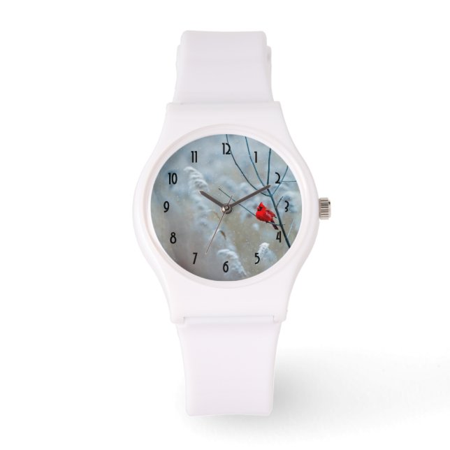赤い（鳥）ショウジョウコウカンチョウの冬の自然写真クリスマス 腕時計 (正面)
