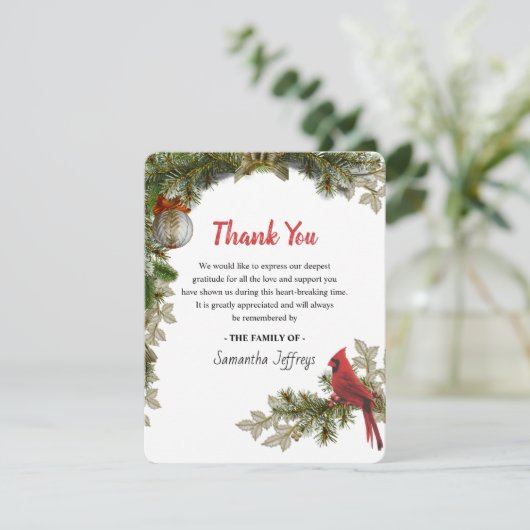 赤い（鳥）ショウジョウコウカンチョウの忌引きありがとう サンキューカード (スタンド正面)