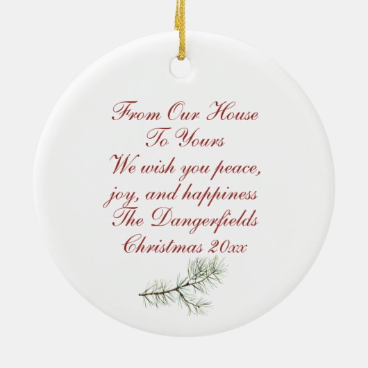 赤い（鳥）ショウジョウコウカンチョウの松のコーンがマイルスのクリスマスを横切る セラミックオーナメント (裏面)