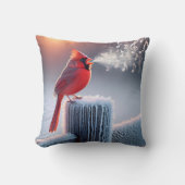 赤い(鳥)ショウジョウコウカンチョウの歌う冬のフェンスのポスト クッション (正面)