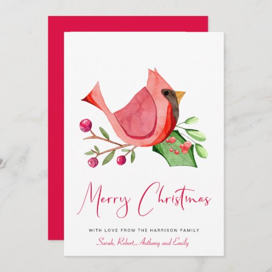 赤い(鳥)ショウジョウコウカンチョウの水の色の写真メリークリスマス シーズンカード (正面/裏面)
