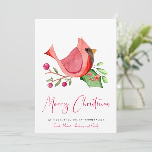 赤い（鳥）ショウジョウコウカンチョウの水の色の写真メリークリスマス シーズンカード (スタンド正面)