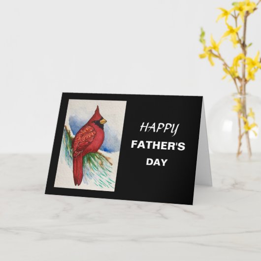 赤い（鳥）ショウジョウコウカンチョウの鳥が父の日のカードにめでとう カード (黄色い花)