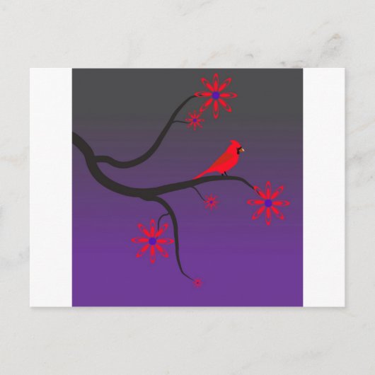 赤い(鳥)ショウジョウコウカンチョウの鳥が紫色の背景の木に入っている。 ポストカード (正面)