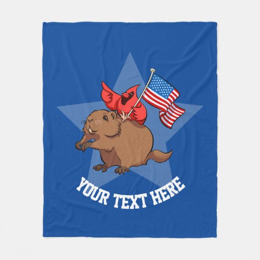 赤い（鳥）ショウジョウコウカンチョウの鳥で、グラウンドホッグにアメリカ国旗を掲げる フリースブランケット (正面)