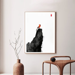 赤い（鳥）ショウジョウコウカンチョウの鳥のインク洗い岩 – Zen Art Canva キャンバスプリント