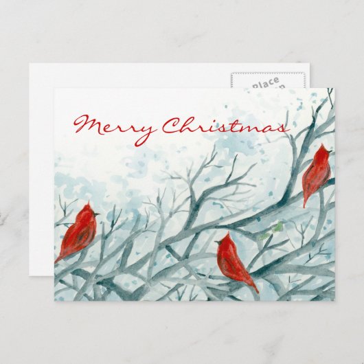 赤い(鳥)ショウジョウコウカンチョウの鳥の冬の木はクリスマスを楽しむ シーズンポストカード (正面/裏面)