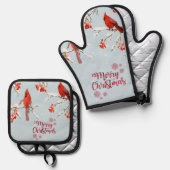 赤い(鳥)ショウジョウコウカンチョウの鳥の木の雪のクリスマス 鍋つかみ&鍋敷きセット (正面/裏面)