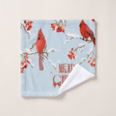 赤い(鳥)ショウジョウコウカンチョウの鳥の木メリークリスマスブルー バスタオルセット (ウォッシュタオル)