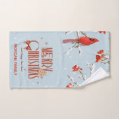 赤い(鳥)ショウジョウコウカンチョウの鳥の木メリークリスマスブルー バスタオルセット (ハンドタオル)