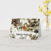 赤い(鳥)ショウジョウコウカンチョウの鳥の雪の枝アートクリスマス カード (黄色い花)