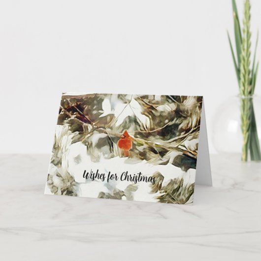 赤い(鳥)ショウジョウコウカンチョウの鳥の雪の枝アートクリスマス カード (正面)