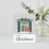 赤い(鳥)ショウジョウコウカンチョウは窓のそばでクリスマス祝い ポストカード (スタンド正面)