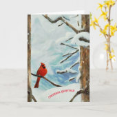 赤い（鳥）ショウジョウコウカンチョウインスノーツリーズクリスマスホリデー カード (黄色い花)