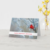 赤い（鳥）ショウジョウコウカンチョウイン冬の自然写真誕生日 カード (黄色い花)