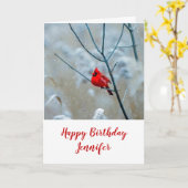 赤い(鳥)ショウジョウコウカンチョウイン冬の自然写真誕生日 カード (黄色い花)